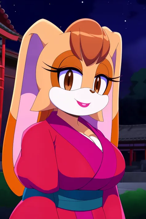 1girls,Vanilla the rabbit huge_breasts,bursting breasts, brown_hair busty dipstick_ear, female,cleavage, female_solo,kimono, outdoors, japanese festival, smile,anime screencap,nighttime, lipstick, milf