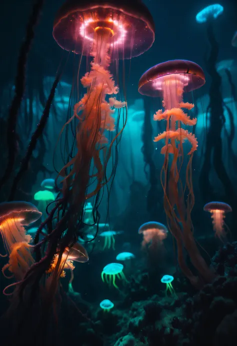 (bio-luminescence:1.2) underwater forest, in a panoramic view, (jellyfish:0.6), liquids, glolow seaweed, (cyber punk perssonage:...