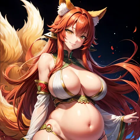 A kitsune woman, tan skin, long red hair, green eyes, big breasts, wide hips, mature body type, heavily pregnant, sexy face, loving smile