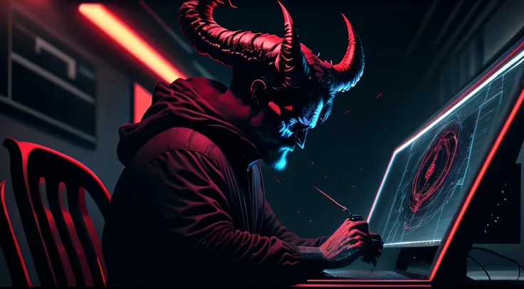 a devil editing a video on computer, cinematic , darkness , out of control , abstract