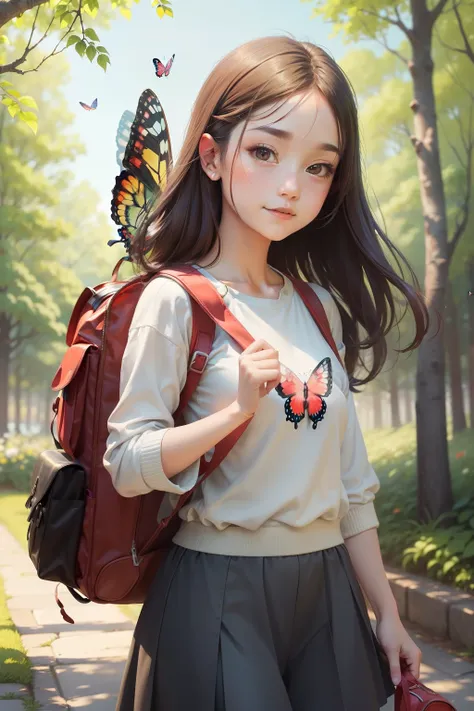 Attractive girl carrying a red backpack、Surrounded by beautiful greenery and nature、Enjoy spring outings with cute puppies. The illustration is a high-definition illustration in 4K resolution.、A slight smil、ultra-detailliert:1.0 (Illustration, step piece l...