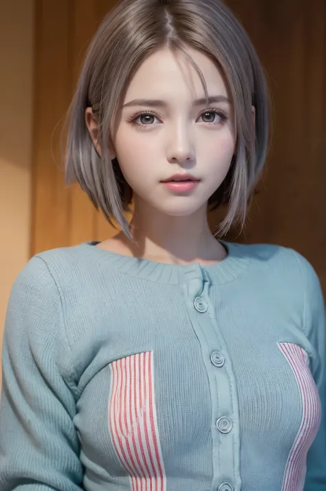 (8K, Photorealistic, Raw photo, of the highest quality: 1.3), (1girl in), Super beautiful, (Realistic face), (boyish, Silver Color Berry Shorthair), Beautiful , Glare that captivates the viewer, Beautiful expression, Beautiful breasts, (Realistic skin), Be...