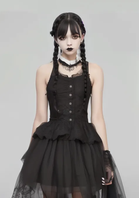 2d illusion close up of a long haired woman wearing a dress, horror goth style, black lolita dress like wednesday addams, wednes...