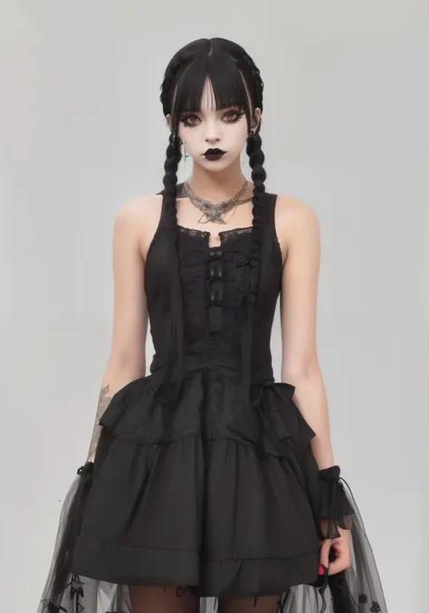 2d illusion close up of a long haired woman wearing a dress, horror goth style, black lolita dress like wednesday addams, wednes...