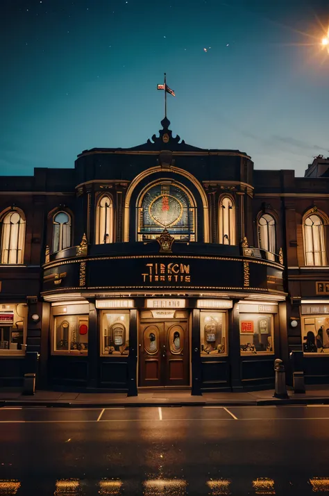 British retro ornate retro theater building night view front，British street scene retro