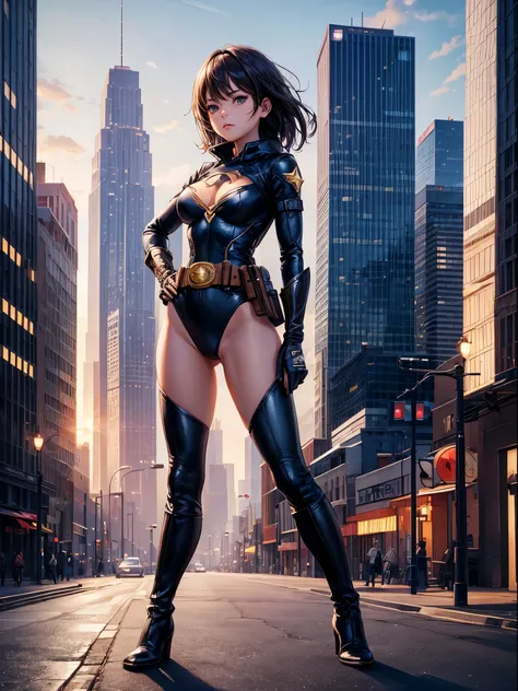 1girl, medium breasts, leotard, bare legs, tight belt, boots, gloves, city backdrop, solo, single, hands on hip, standing, full body shot, cowboy shot, superhero, beautiful detailed eyes, mature lady, star symbol on chest