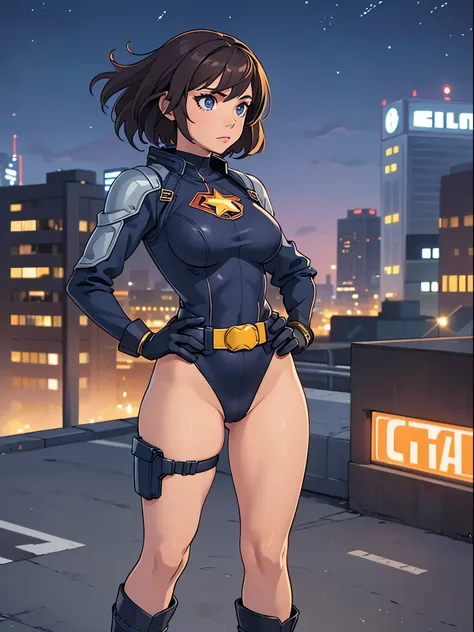 1girl, medium breasts, leotard, bare legs, tight belt, boots, gloves, city backdrop, solo, single, hands on hip, standing, full body shot, cowboy shot, superhero, beautiful detailed eyes, mature lady, star symbol on chest