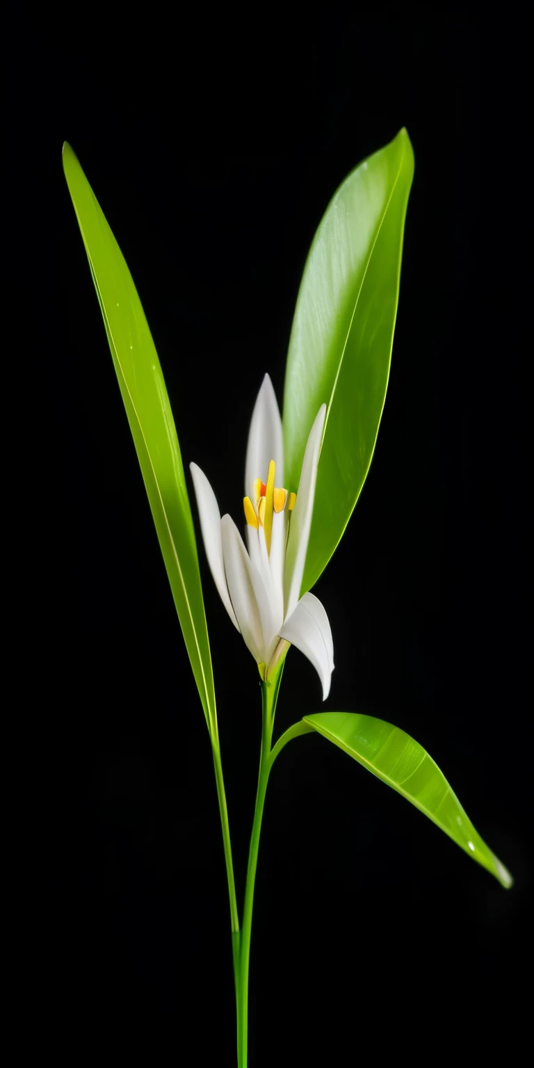 there is a small white florals with a yellow center on a stem, stella alpina florals, on the white background, 植物handpainted, 橙florals, handpainted, Pure white background, depicting a florals, on black background, white florals, florals, Livia Prima, flora...