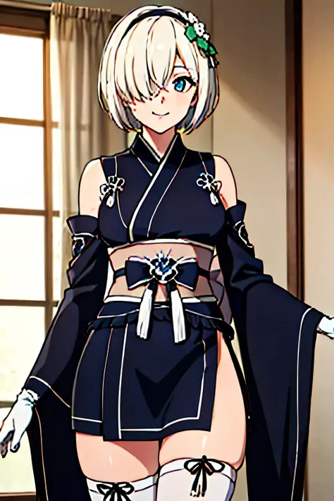 1girl, solo, white hair, short hair, hair over one eye, blue eye, hairband, black kimono, detached sleeves, wide sleeves, white gloves, thighhighs, japanese clothes, facing viewer, looking at viewer, upper body, smile