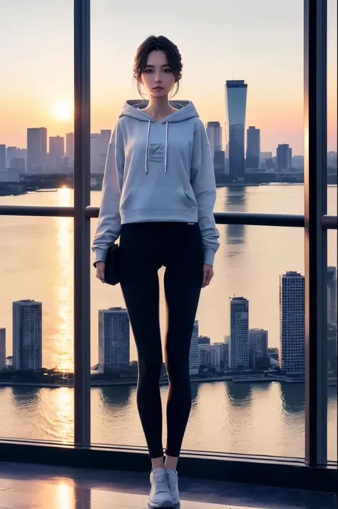 at sunrise，Wearing a casual shirt、Photo of beautiful 22 year old girl in hoodie and leggings standing in front of city skyline，Messy medium hair，slim toned body，Medium upper body shot，looking at the camera in，A short smile，shallowdepthoffield， 8k uhd, dslr...