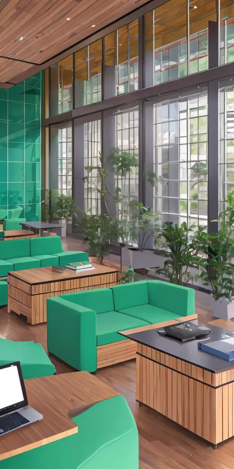 A space for scientific and technical personnel to chat, communicate and read. It has sofas, tables and chairs, bookshelves and books, and green plants. It is bright,  and comfortable. --auto --s2