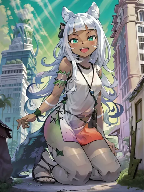 Ochette, girl, dark skin, white hair, green eyes, giantess, huge, small viewer, 70 ft tall, cute, full body, best quality, pink dress, metal bracelets, larger than buildings, flat ground, street, ground visible, black shorts, wearing shorts, adorable, kind...