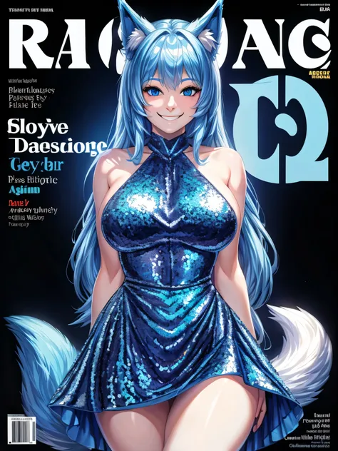 (Masterpiece) (High Detail) (High Res) A short humanoid girl with pale human skin and blue eyes and long blue hair and blue dog ears and a big fluffy dog tail and average breasts. Magazine cover. She is stood wearing a shiny blue sequin covered dress and i...