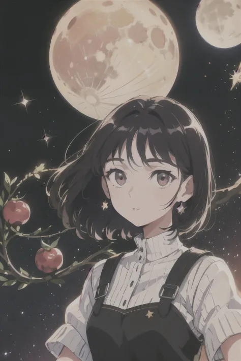 a white woman with short dark purple hair, has beautiful red eyes, who likes lychees, wears black clothes with a star and moon theme