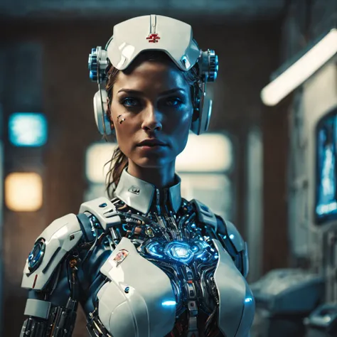 cinematic waist up portrait of gorgeous female cyborg nurse in a small city clinic, detailed face, detailed cybernetic enhanced ...