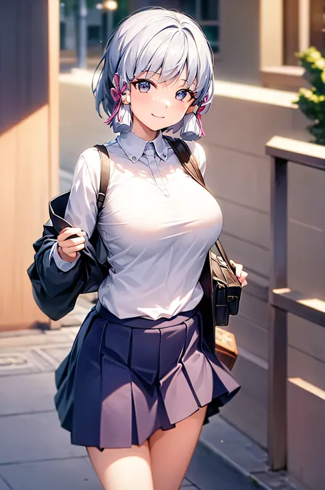 kamisato ayaka , skirt flying ,shirt , walking , city background ,day 4k ,uhd , looking at viewer , smile , boobs