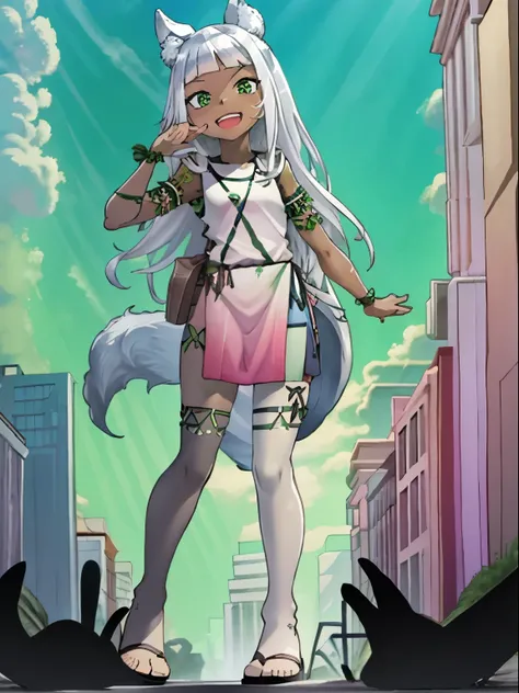 Ochette, girl, dark skin, white hair, green eyes, giantess, huge, small viewer, 70 ft tall, cute, full body, best quality, pink dress, metal bracelets, larger than buildings, flat ground, street, ground visible, black shorts, wearing shorts, adorable, kind...