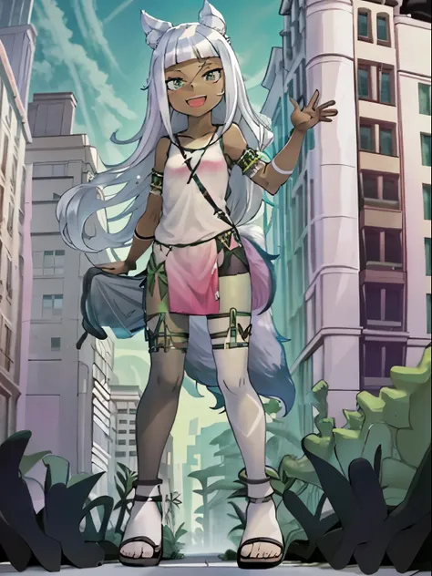 Ochette, girl, dark skin, white hair, green eyes, giantess, huge, small viewer, 70 ft tall, cute, full body, best quality, pink dress, metal bracelets, larger than buildings, flat ground, street, ground visible, black shorts, wearing shorts, adorable, kind...