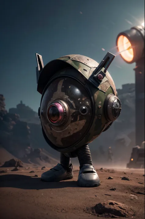 A Modern flat toon Crazy whit a Big ONE a Only Eye Robot and helmet Style, tongs in hands, Tv head, pinhead, camouflage PINK Rusty, Ambient in a meteorite crater super detailed, center, beautiful, soft lighting, focused on the character, 4K resolution, pho...