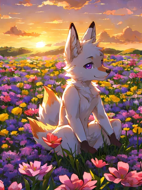 foxes have white fur all over their bodies..,purple eyes,sitting and picking flowers in a flower field,distant sunset