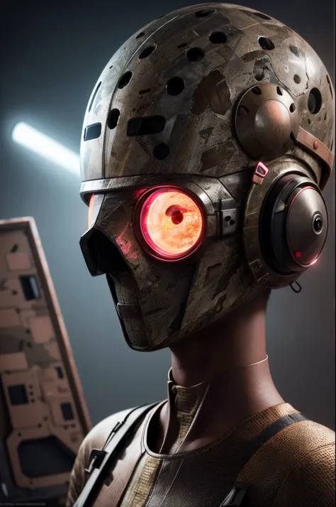 A Modern flat toon Crazy whit a Big ONE a Only Eye Robot and helmet Style, tongs in hands, Tv head, pinhead, camouflage PINK Rusty, Ambient in a meteorite crater super detailed, center, beautiful, soft lighting, focused on the character, 4K resolution, pho...