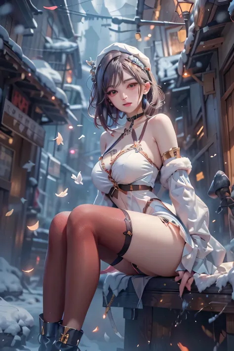 (top-quality,8K picture quality,​masterpiece:1.3,hight resolution,masutepiece:1.2), (Back alley),snowscape,Ice magician in a white Santa suit,Niō Standing,Looking at the camera,(ssmile:1.2), ((crazy magic)), (Very beautiful fantasy background),(Red Santa H...