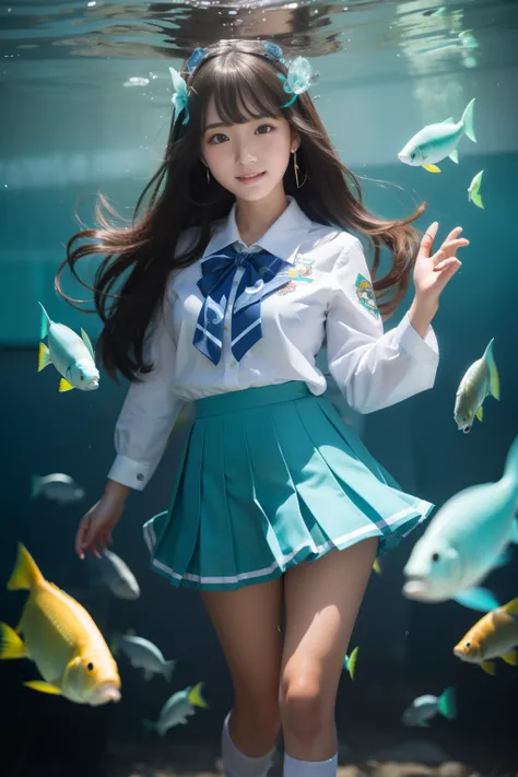 High school girl using a phantom fish、full body Esbian、、Turquoise School Uniform、、、、Idol face、Create a school of fish using magic、waved hair、