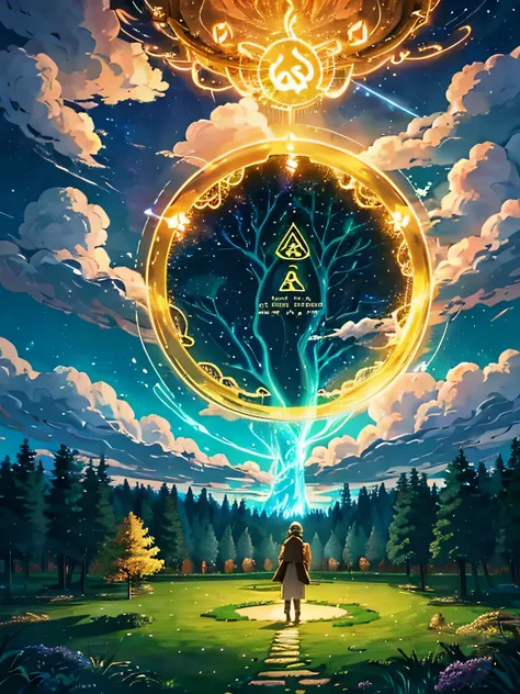 golden age, Japanese cartoons, Fantastical, ring heaven&#39;doors, sky sky, actual, Light particles, cloud, Magic Array, Font style, magic rune, Outdoor sports, The background is a forest of electric trees, Glowing leaves with circuit pattern