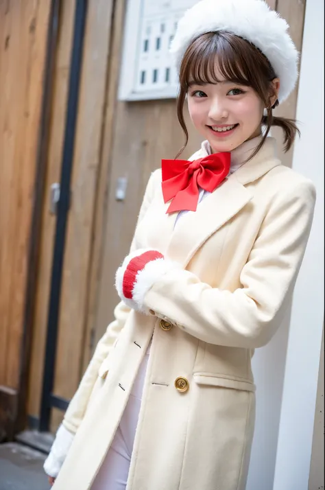 girl in snowy town street,white knitted hat,white shirt with red bow tie,white leggings,long coat,gloves,18-year-old,bangs,a little smile,thighs,knees,short cut hair,ponytail,from below