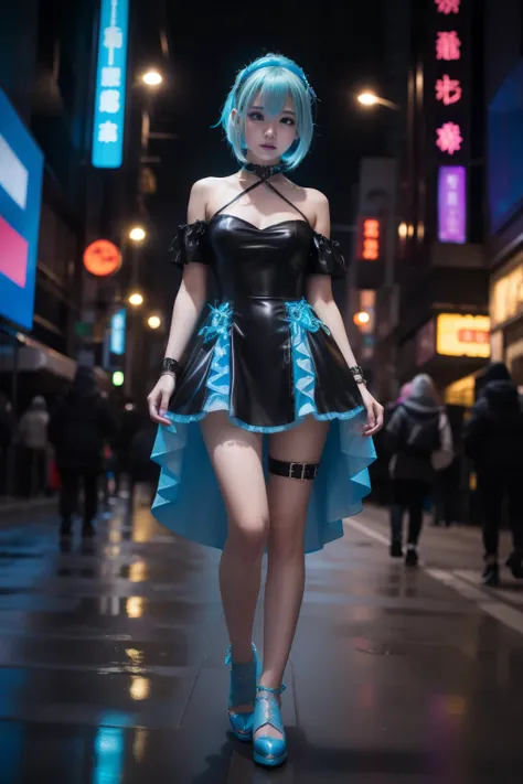 cyberpunk cinderella、full body Esbian、、Cyberpunk Mini Dress Luorescent Blue）、、Luminescent、、Light blonde hair、prism shoes