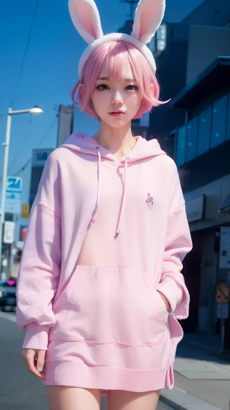 A city where it snows、snow board、Wear a pink hoodie、Wearing a long skirt、Under the streetlight、In the middle of the intersection、BIGsize Y shirt、Pink short cut hair、Pink hair color、Pink rabbit ears stick out of the head、Japan women、K-POP、kawaii faces、Small...