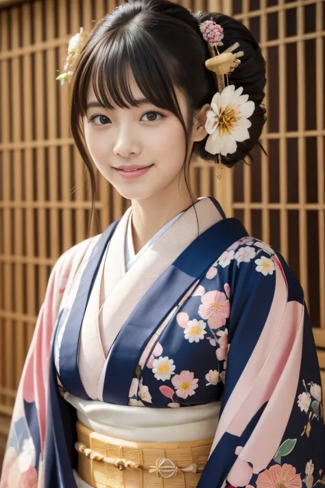 one beautiful japan model, 15-year-old female model,  4k、an ultra-high picture quality、bangss、a dark-haired、kyo-yuzen、(kimono, f...