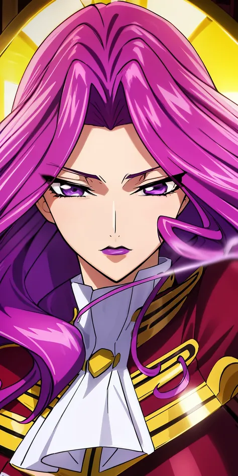 cornelia_li_britannia, huge breasts, solo, standing, cornelia_military_uniform,, masterpiece, best quality, detailed face, detailed eyes, highres, code Geass Corneille purple eyes purple hair purple lip (masterpiece), best quality, expressive eyes, Beautif...