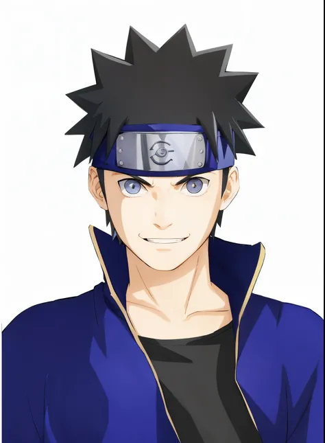 Abime black eyes smiling man with a blue jacket and a black shirt, naruto artstyle,