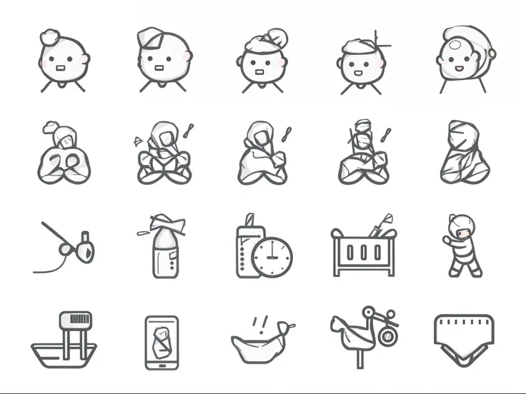 a set of baby related icons in thin line style, icons, simplistic iconography, status icons, 2 5 6 x 2 5 6, 256x256, cute features, clipart, clean black outlines, clipart icon, clock iconography, 1 6 x 1 6, birth, icon style, no gradients