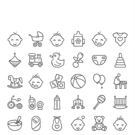 a set of baby related icons including toys, toys and other items, icons, clean black outlines, symbols, 1024x1024, 3 2 x 3 2, 1 6 x 1 6, black outlines, pictogram, clipart icon, symbol, icon pattern, status icons, icon style, icon black and white, simplist...