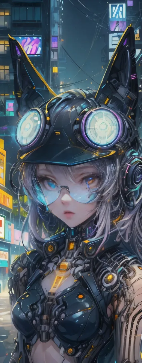 1 Girl, Skin-Tight Body-suite, Black Body-Suite, Mecha-Cat Ears, ((wearing cybernetic Visor as Eye-Wear)), Gadgets, (cyberpunk city background at night), Japanese scene, fractalized, fractal_body