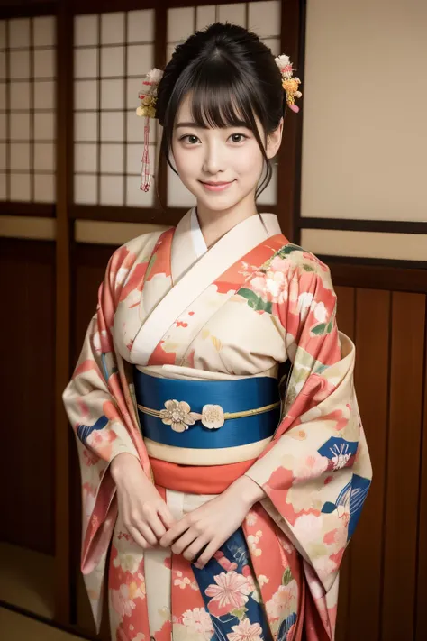 1 beautiful japan model, 18-year-old female model,  4k、an ultra-high picture quality、bangss、a dark-haired、kyo-yuzen、(kimono, fur...