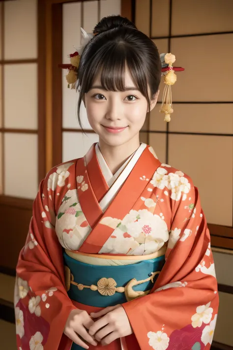 1 beautiful Japan model, 18-year-old female model,  4K、An ultra-high picture quality、bangss、A dark-haired、Kyo-Yuzen、(Kimono, Furisode、Floral pattern in Japanese style:1.5)、(Super cute face in idol style:1.4)、slim and beautiful figure、beutiful breast、A smil...