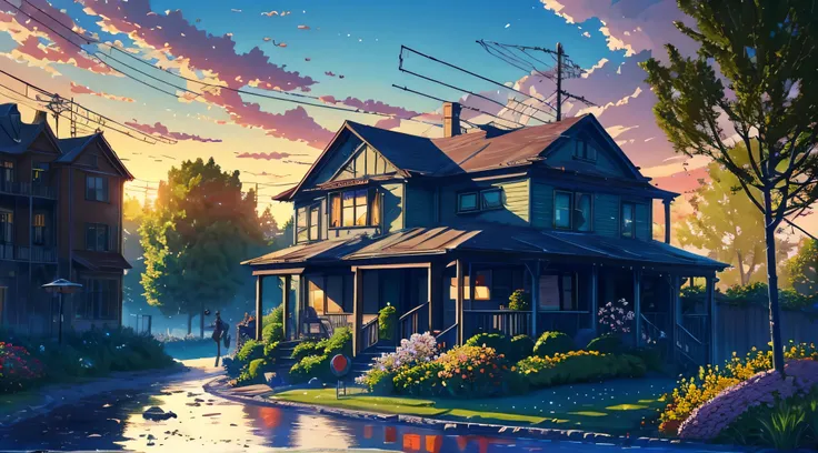 very cozy little place, hyper realism, (anime makoto shinkai:0.4), old shabby house in city street, home wiring, outdoors, sky, ...