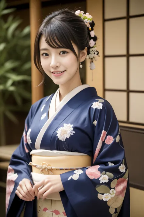 1 beautiful japan model, 18-year-old female model,  4k、an ultra-high picture quality、bangss、a dark-haired、kyo-yuzen、(kimono, fur...