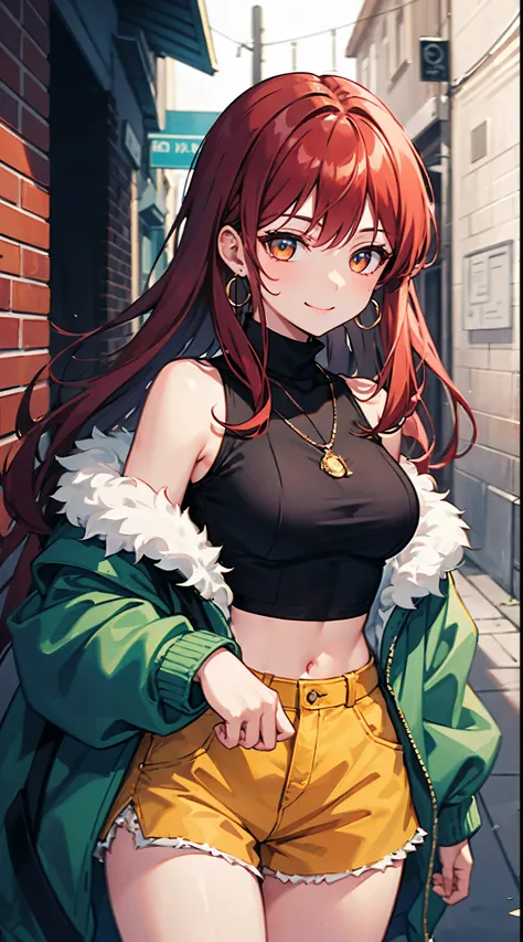 (masterpiece, best quality, 1 girl, solo, intricate details, chromatic aberration), ((medium breasts)), long hair, red hair, red decoration on the head, pink highlights, amber eyes, earrings, sharp eyes, necklace, neon shirt, ripped shorts, unbuttoned jack...