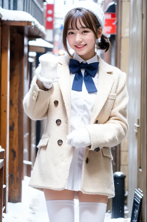 girl in snowy town street,white knitted hat,white shirt with red bow tie,white leggings,navy blue long coat,gloves,blue plaid pleated skirt,18-year-old,bangs,a little smile,thighs,knees,short cut hair,ponytail,from below