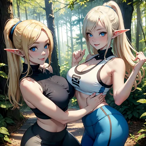 Blonde, pale skin, large breasts, sports bra and yoga pants, elf ears, blue eyes, happy smile, forest setting