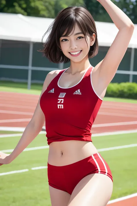 8K raw photo beauty:2.0, short-hair, great face and dark eyes, stares at the camera,(A smile:1.6), show teeth, Show the armpits, Running, Sprint, dynamicposes, Vibrant poses,（red sport clothing:1.2)、Wear sneakers:1.4, Photorealsitic:1.9, extremely detailed...