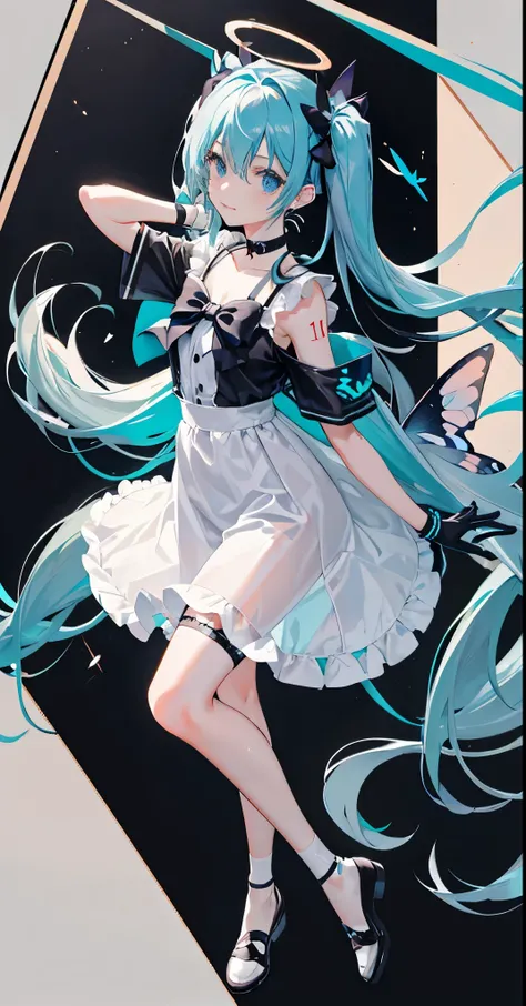 demon tail, butterfly, bug, 1girl in, Long hair, wristbands, shoes, Hatsune Miku, Shirt, Choker, Black legwear, aqua hair, bike Shorts, Solo, blue butterfly, Twin-tailed, black Choker, 手链, Full body, black bow ribbon, very Long hair, Tail ornament, Jewelry...