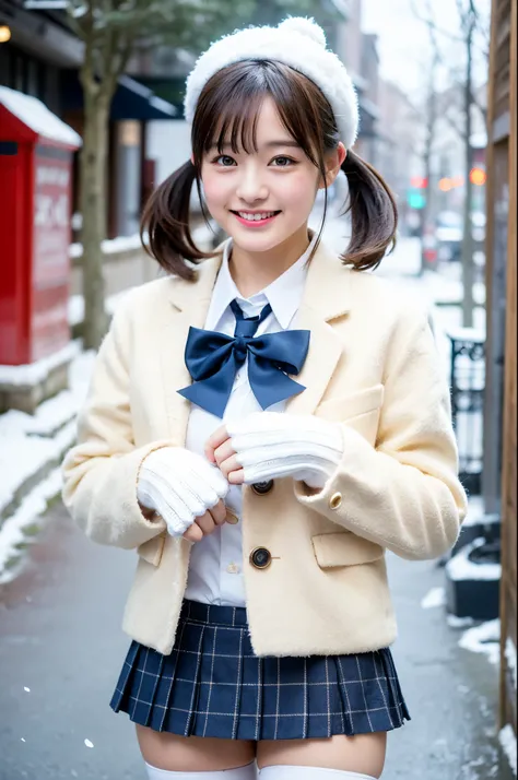 girl in snowy town street,white knitted hat,white shirt with red bow tie,white leggings,navy blue long coat,gloves,blue plaid pleated skirt,18-year-old,bangs,a little smile,thighs,knees,short cut hair,ponytail,from below