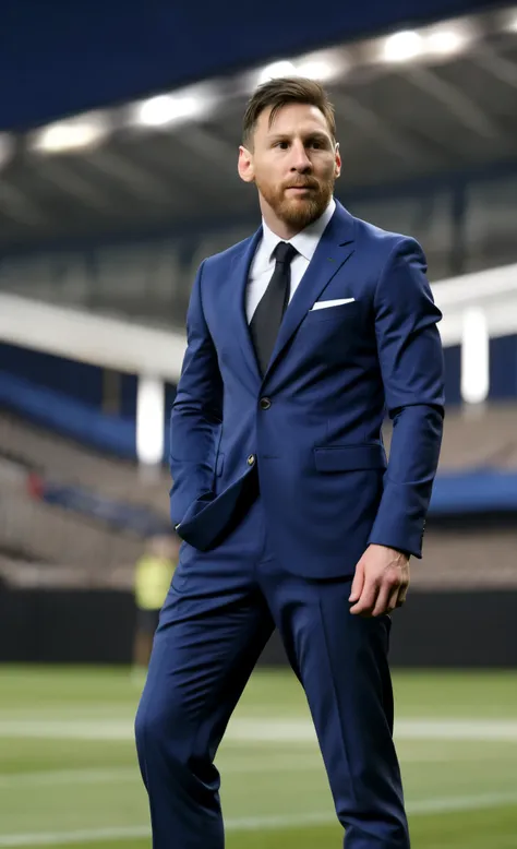 Lionel Messi standing on the pitch, suit, full body, HD, detailed face, detailed face, detailed eyes, detailed suit, hyperreal,, film plan, dynamic composition, incredible detail, clarity , detail, superb detail, daytime, perfectionism, award-winning reali...