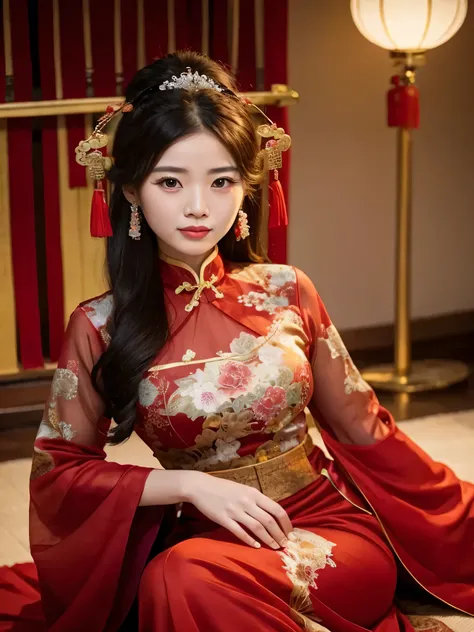 Close-up of a woman in a red dress sitting on the floor, On the cheongsam, chineseidol traditional clothing, chineseidol, wearing a red On the cheongsam, On the cheongsam, chineseidol traditional, Wearing ancient chineseidol clothes, chineseidol outfit, Ma...