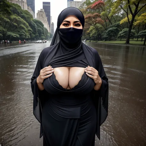 56 years Old, Indonesian Hijab milf, Ultra Droopiest gigantic saggiest longest mature tits : 106.9, wearing Burqa, Tight Burqa, her Gigantic breast Burst Out, Busty body, Wet body, rainy atmosphere, heavy rain, at central park, full body, gravure Idol, Col...